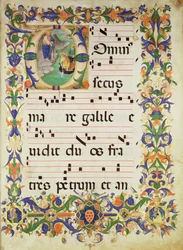 Missale 515 f.1r Seite mit Chormusik und einer historisierten Initiale 